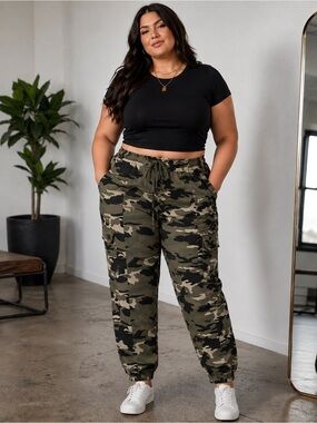 Plus Size Camo Cargo Jogger Pants – Drawstring Utility Style - 797